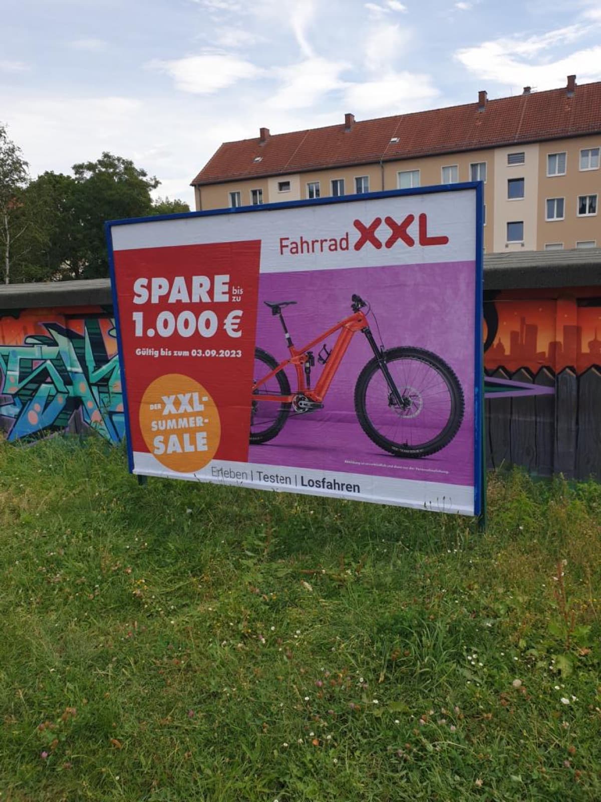 Werbetafel für Fahrrad XXL auf einer Grünfläche in Dresden, dahinter eine Graffiti-Wand